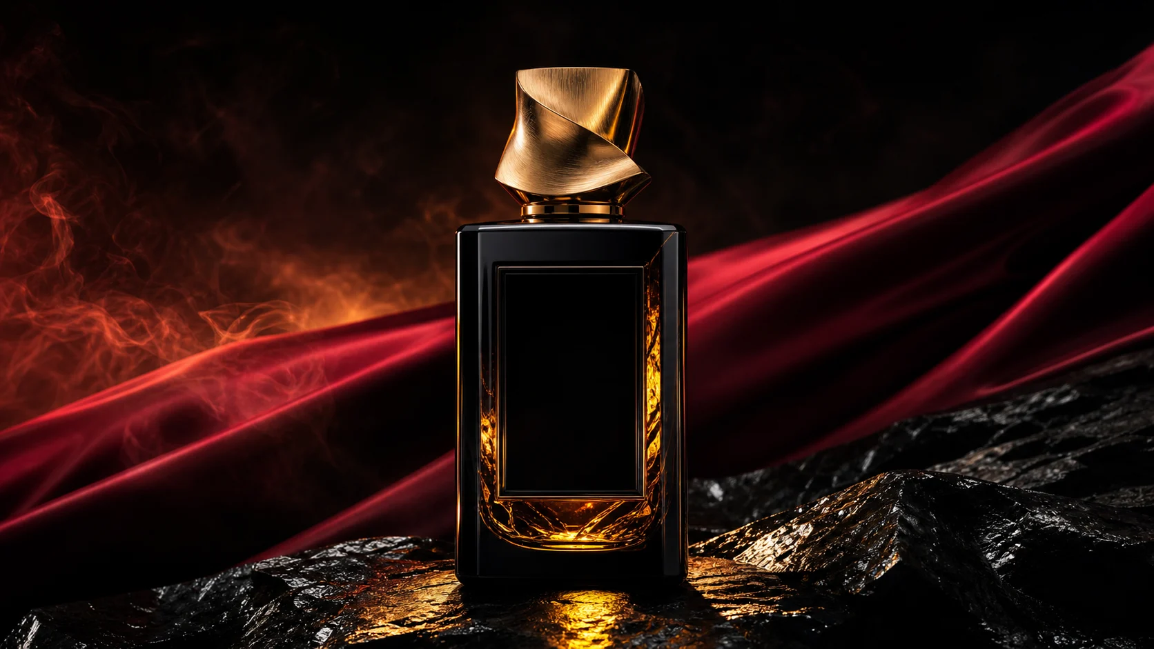 The generated product anchor: an obsidian perfume bottle with a glowing amber core and folded gold cap.