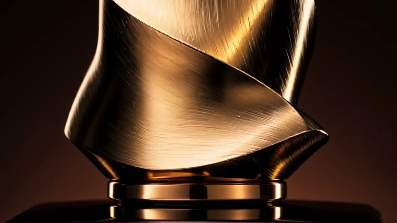A macro shot isolates the folded gold cap before the full product reveal.