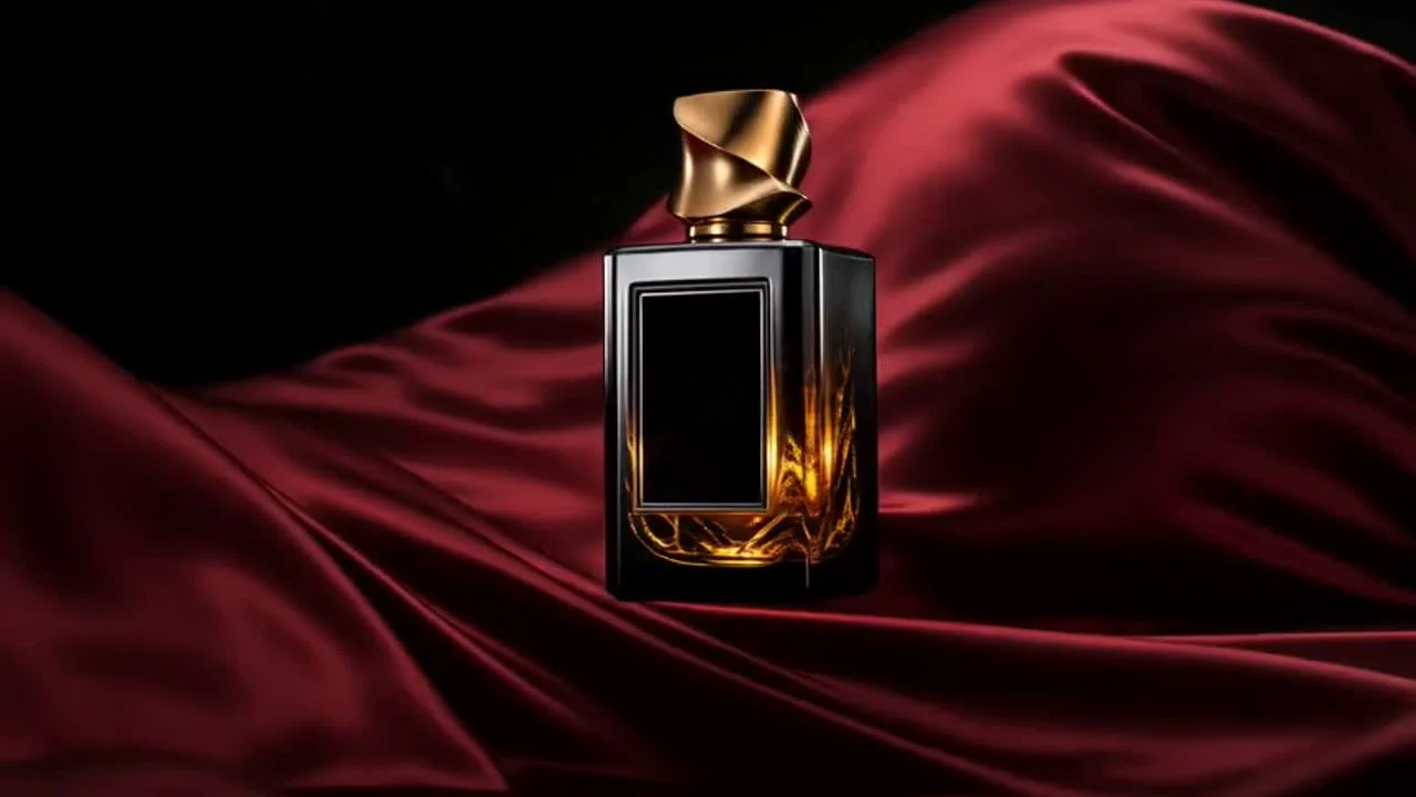 The full bottle appears against moving crimson silk, preserving the campaign palette.