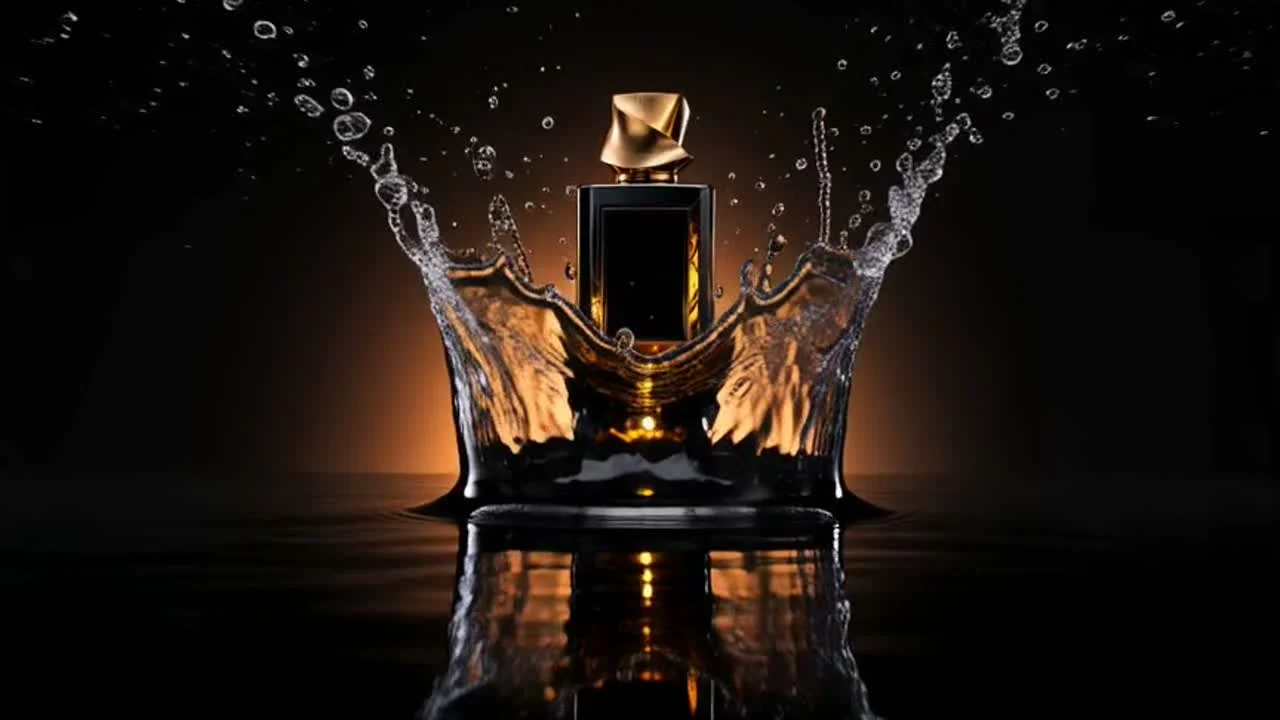 The product is staged inside a sharp water impact instead of floating in an unrelated effect.