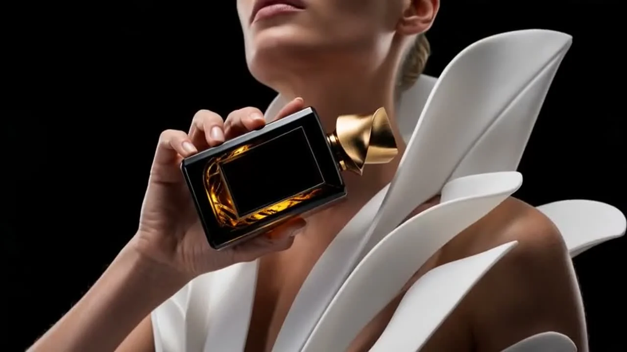 A model raises the same bottle near her neck, turning the packshot into a use ritual.