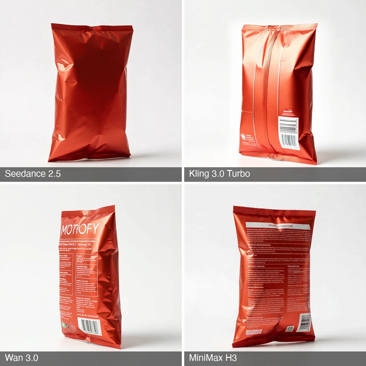 Invented chips-bag backs ranked by restraint: Seedance clean seal, Kling barcode, Wan full nutrition panel, MiniMax H3 dense pseudo-text