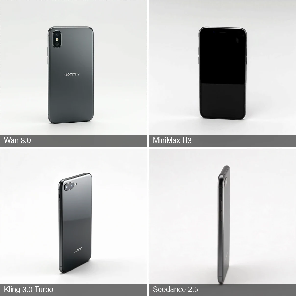 Midpoint frames of the phone orbit from all four models: only MiniMax H3 shows a front screen