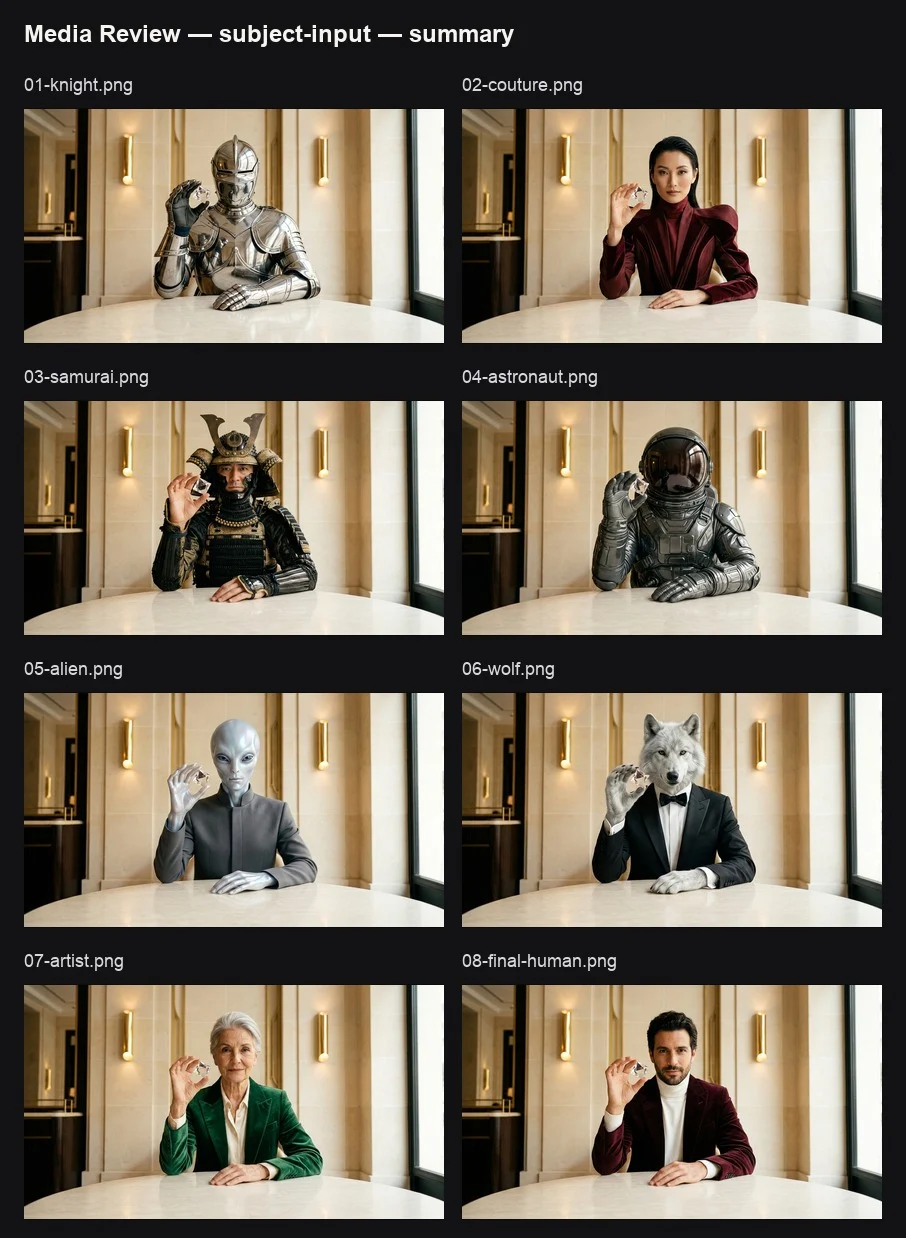 Eight generated subjects share the same room, pose, table, prism, and camera.