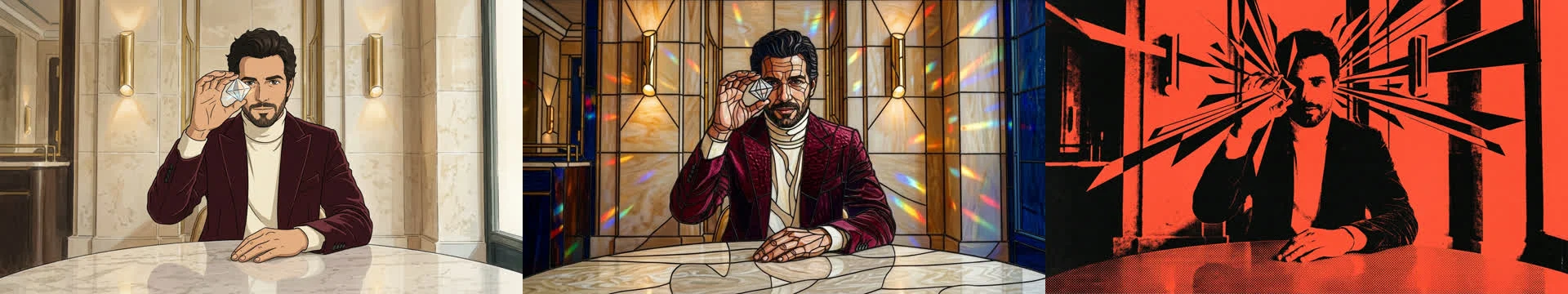 Anime, stained-glass, and screenprint variations show three different whole-frame interpretations of the same terminal state.