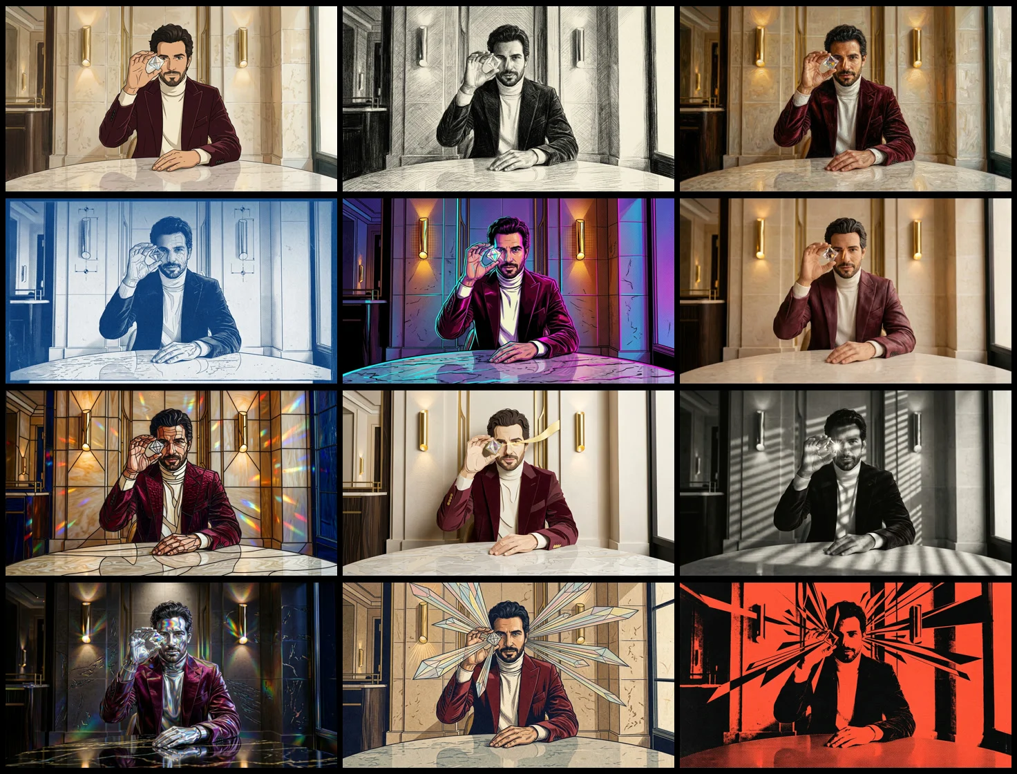 The complete style family reveals where composition stayed stable and where individual media introduced geometry drift.