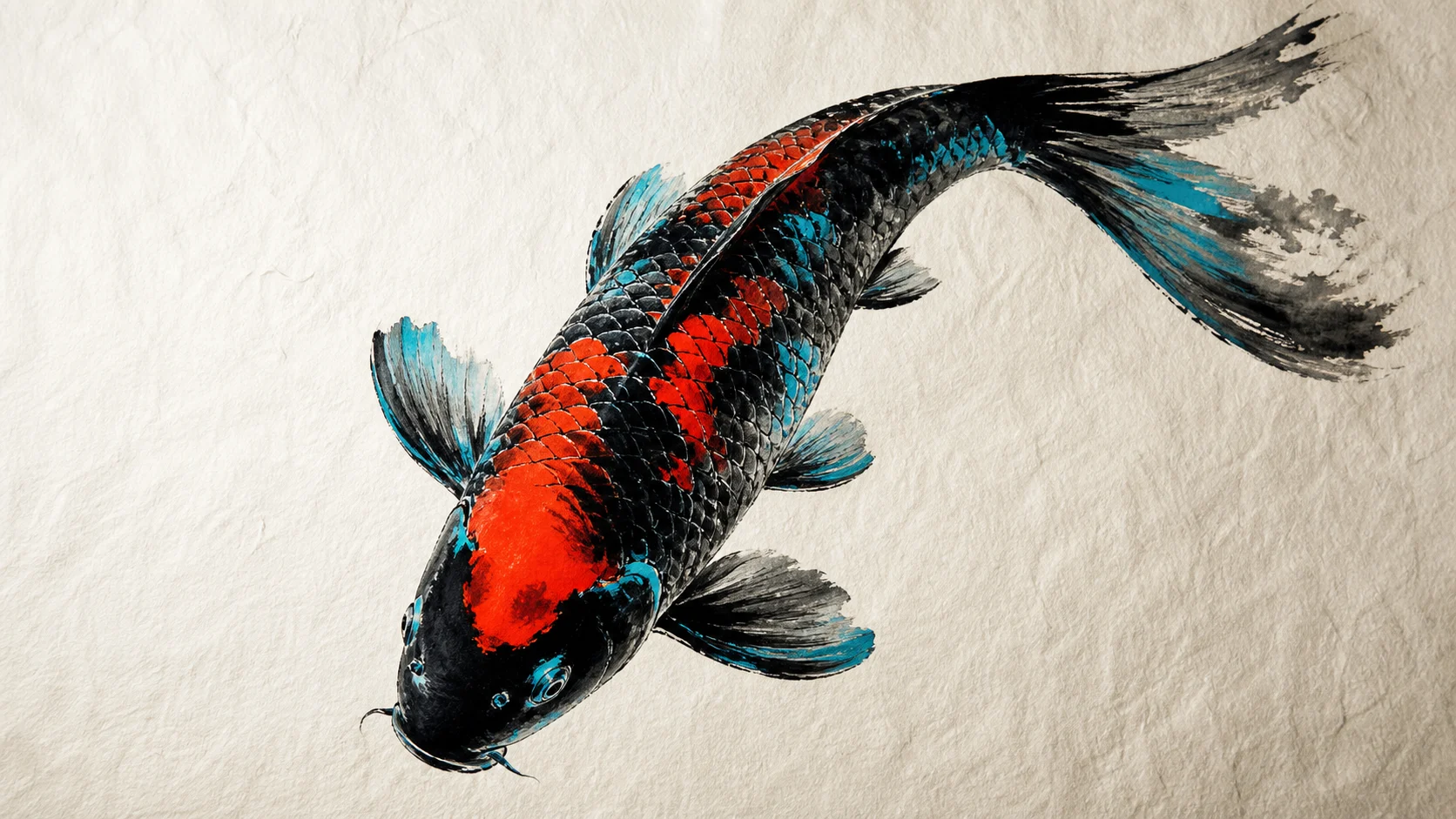 The opening anchor: one koi painted in black ink with cyan and vermilion accents.