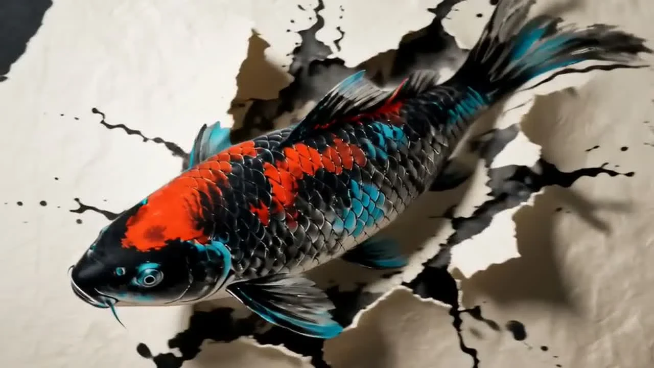 The painted fish tears out of the paper instead of merely fading into a new style.