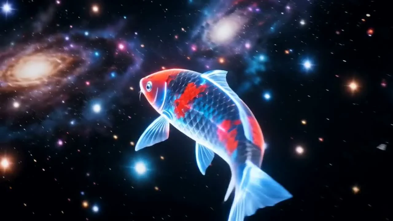 The living koi recovers the original cyan and vermilion accents as internal light.