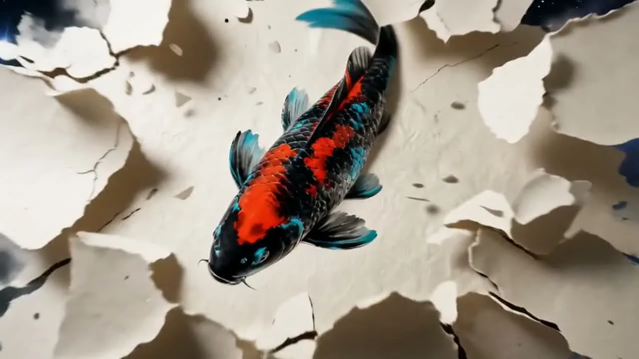 The final impact returns the living fish to paper and restores the ink-painting state.