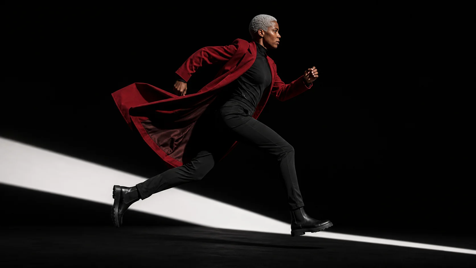 The reference image isolates a high-contrast runner, coat, direction, and movement phase.