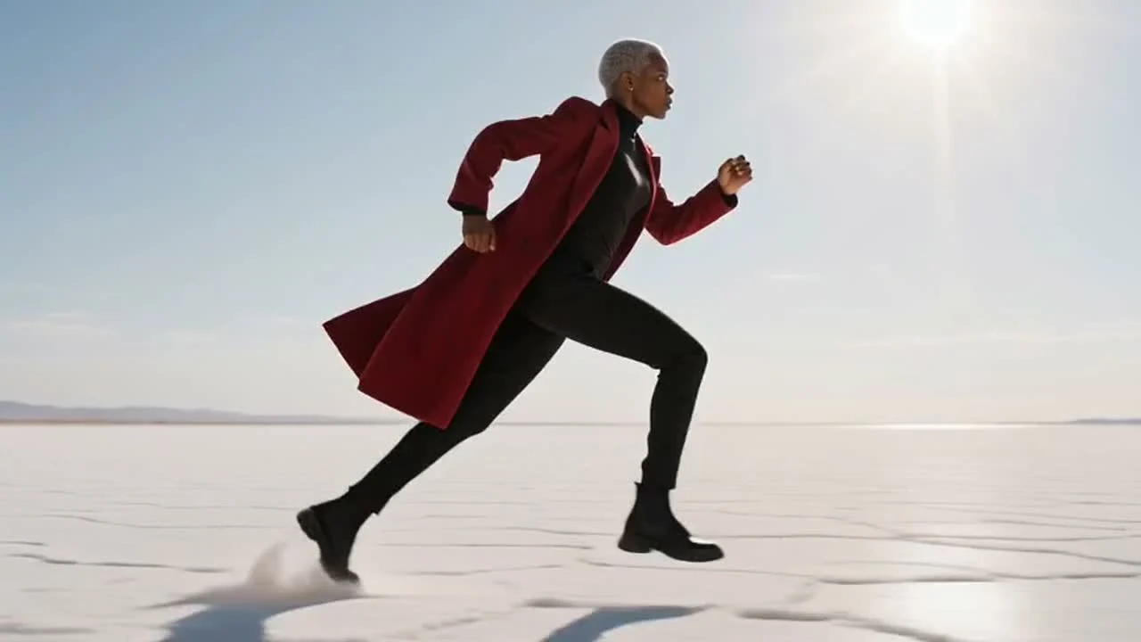The salt-flat state preserves direction, body lean, coat color, and side profile.