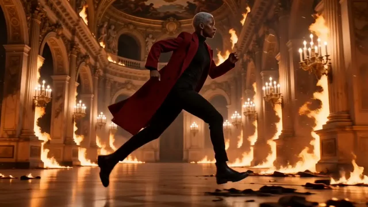 The burning opera world changes light and background while the coat remains the continuity signal.