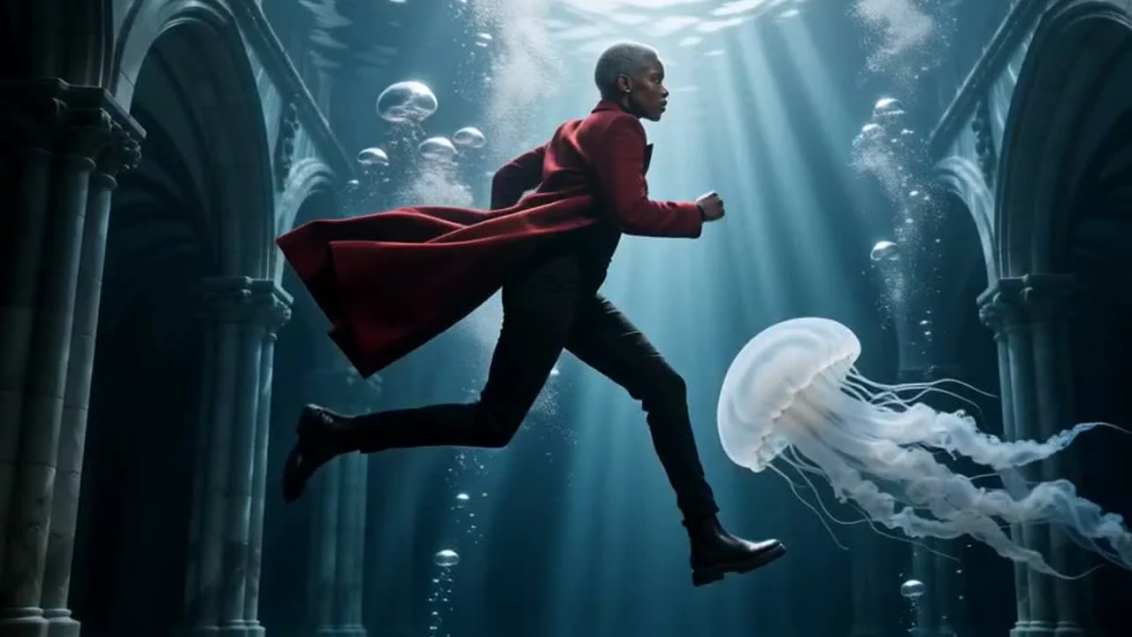 The underwater cathedral preserves the graphic running pose even when the physics become impossible.