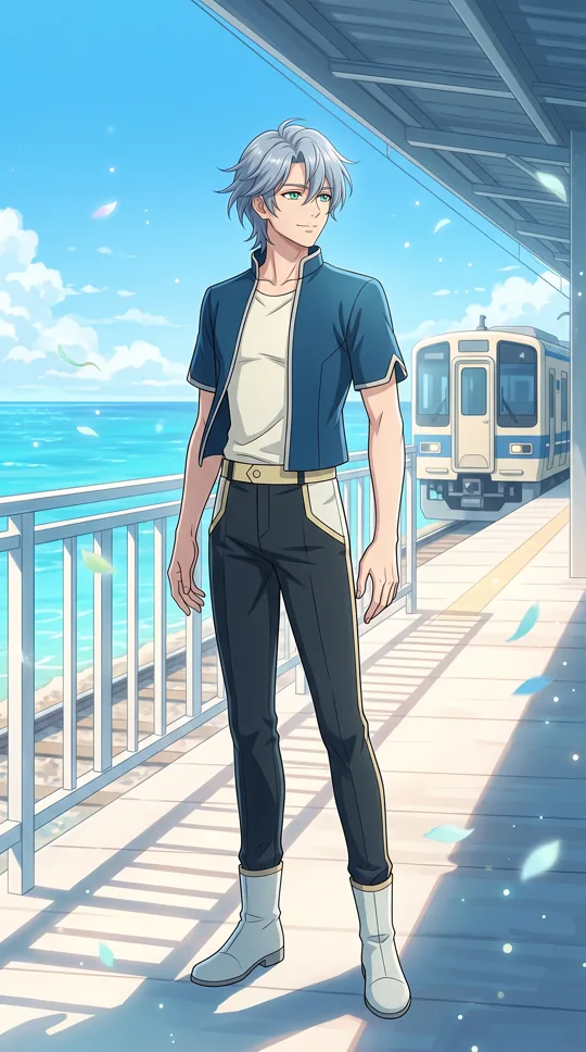 Silver-haired anime man at a seaside station