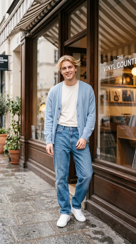 Blond male idol outside a record store